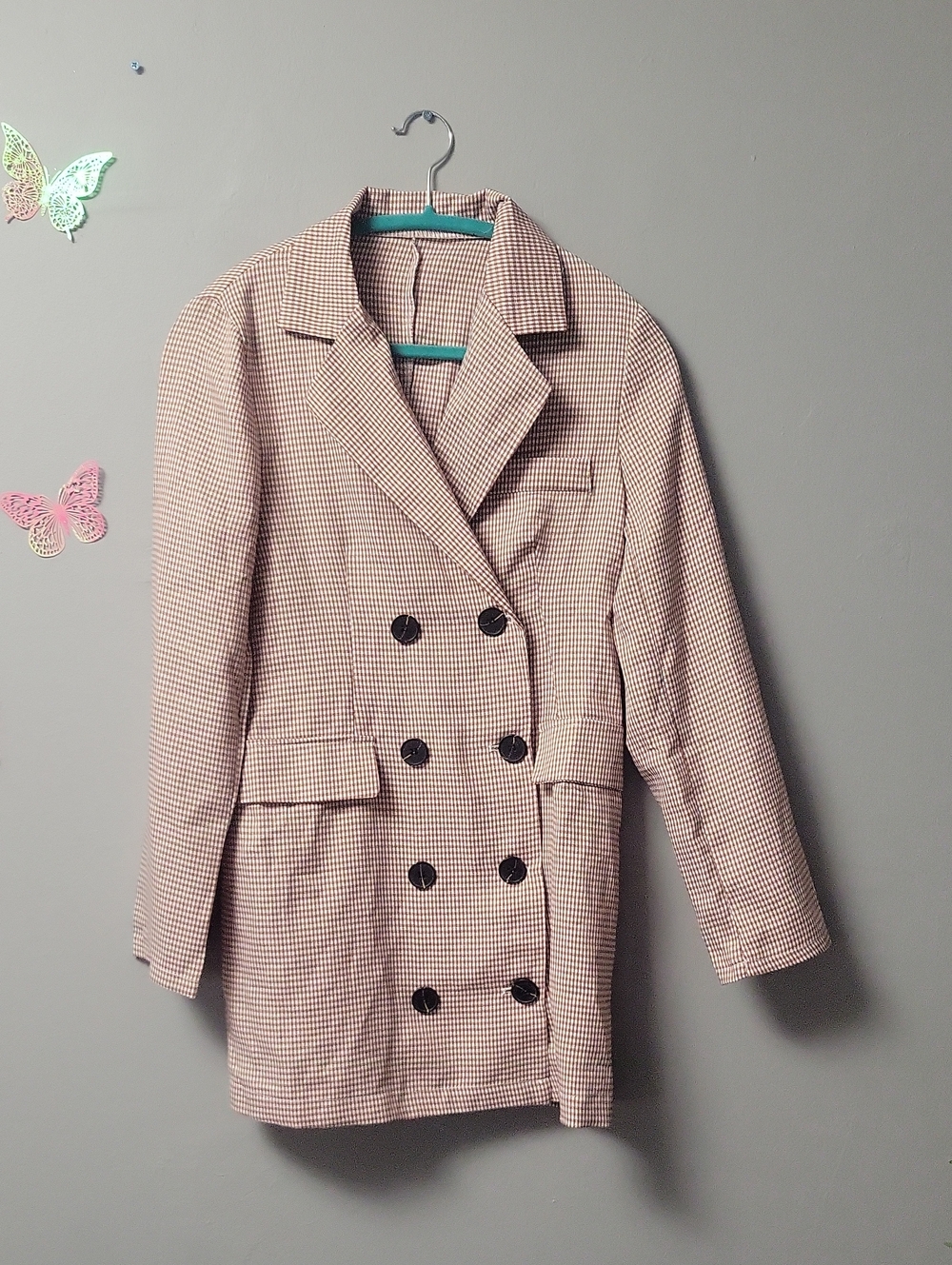 Double-Breasted Check Blazer Jacket - Beige/Tan